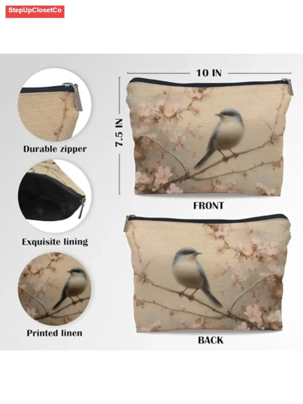 Floral Bird Print Cosmetic Bag Linen Canvas Toiletry Pouch Zipper